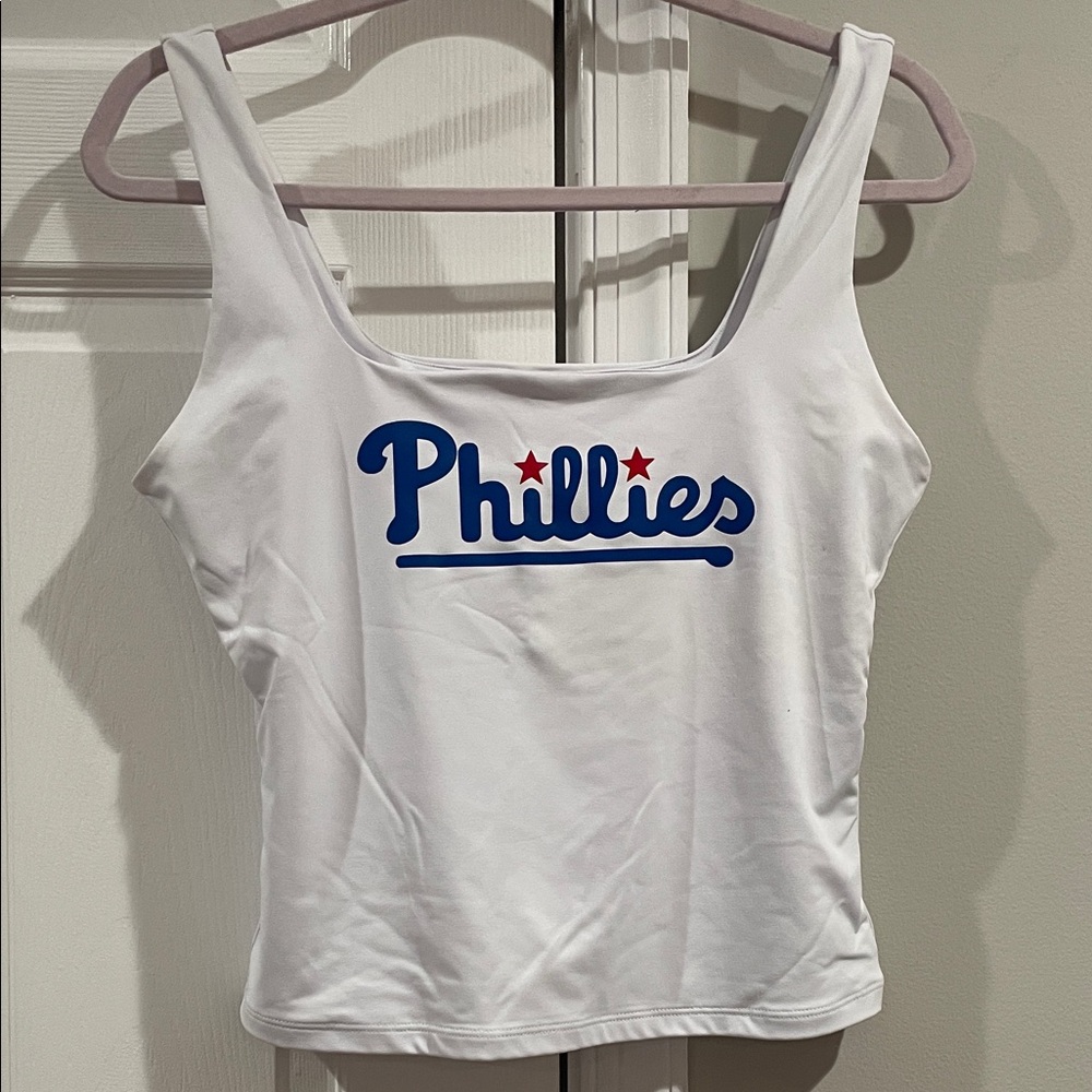 ReoRia White Phillies Scoop Neck Tank with Blue Script